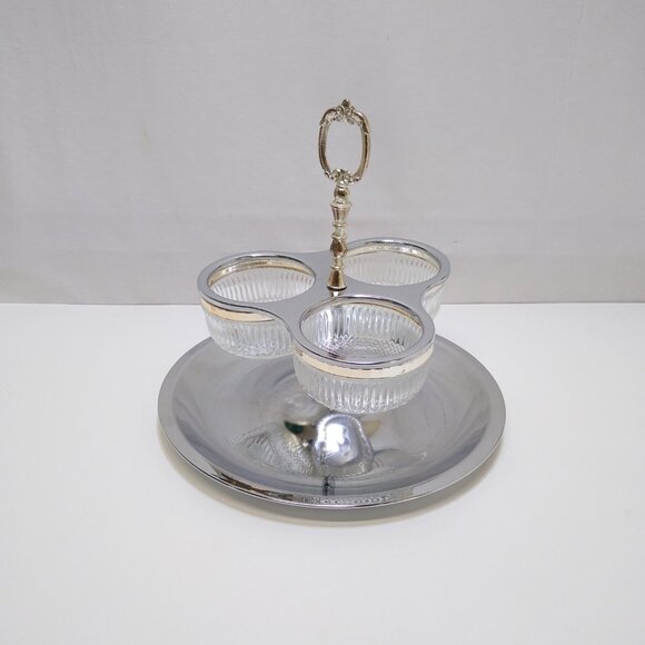 Kromex Stainless Steel Serving Caddy Three Glass Inserts Carry Handle Vintage - Picture 2 of 8